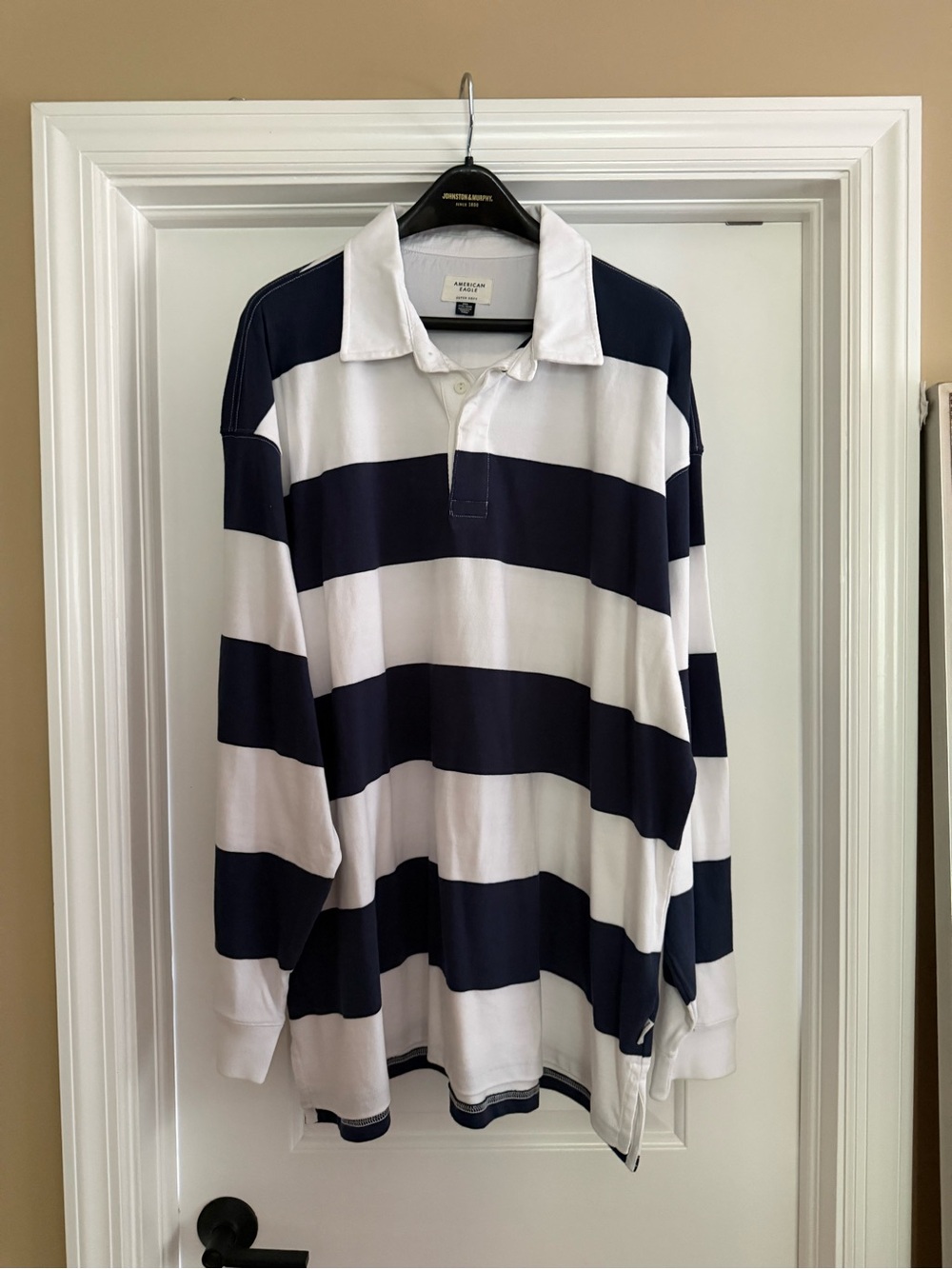 American Eagle Outfitters Navy & White Striped Rugby Polo
